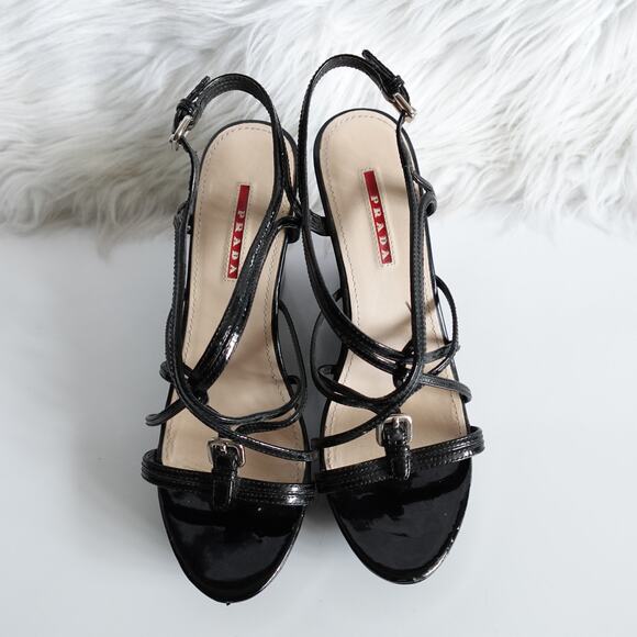 Prada Black Patent Leather Strappy Buckled Wedge Sandals - Picture 5 of 16
